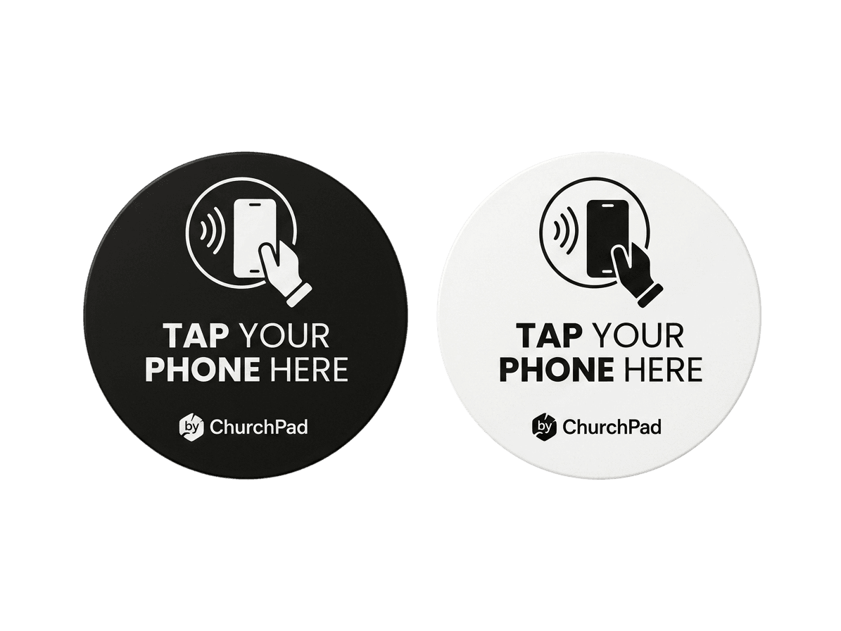 Round ChurchPad Tap device and branded cards